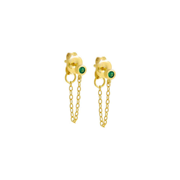 Emerald Green / Pair Colored Tiny Solitaire Bezel Chain Front Back Stud Earring - Adina Eden's Jewels