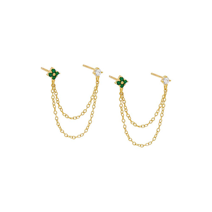 Emerald Green / Pair Colored Double Flower Chain Stud Earring - Adina Eden's Jewels