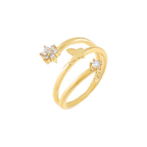Gold / 6 Pavé Butterfly x Star Triple Row Ring - Adina Eden's Jewels