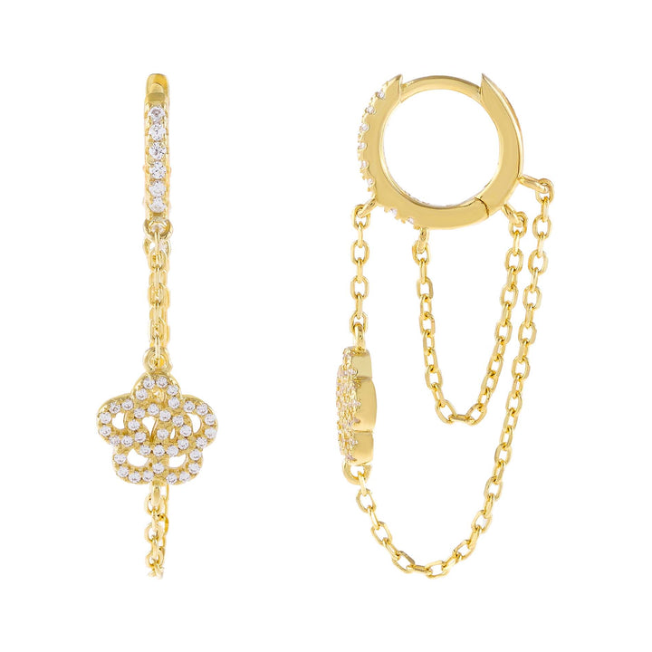 Gold CZ Rose Flower Double Chain Huggie Earring - Adina Eden's Jewels
