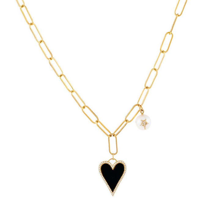 Gold / Onyx Heart X Pearl Charm Paperclip Necklace - Adina Eden's Jewels