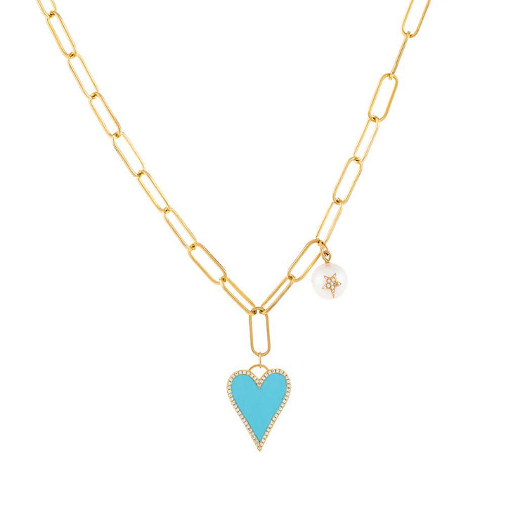 Gold / Turquoise Heart X Pearl Charm Paperclip Necklace - Adina Eden's Jewels