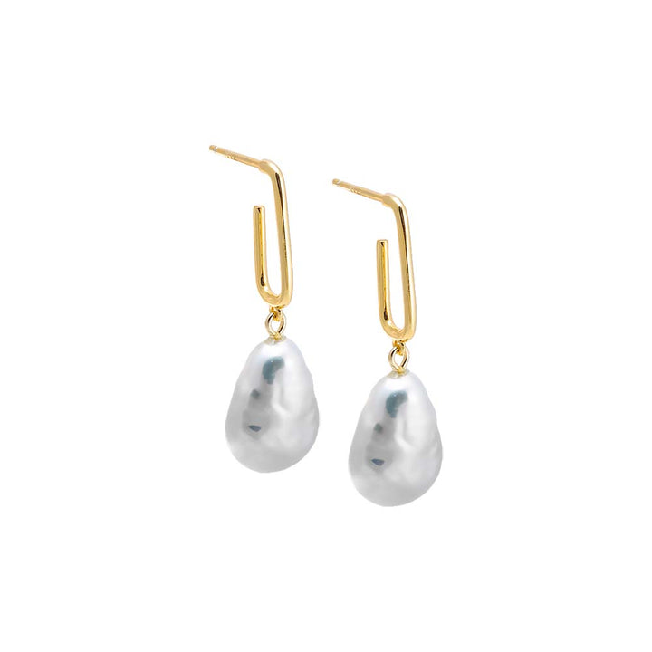Pearl White / Pair Open Oval Shape Dangling Pearl Hoop Earring - Adina Eden's Jewels