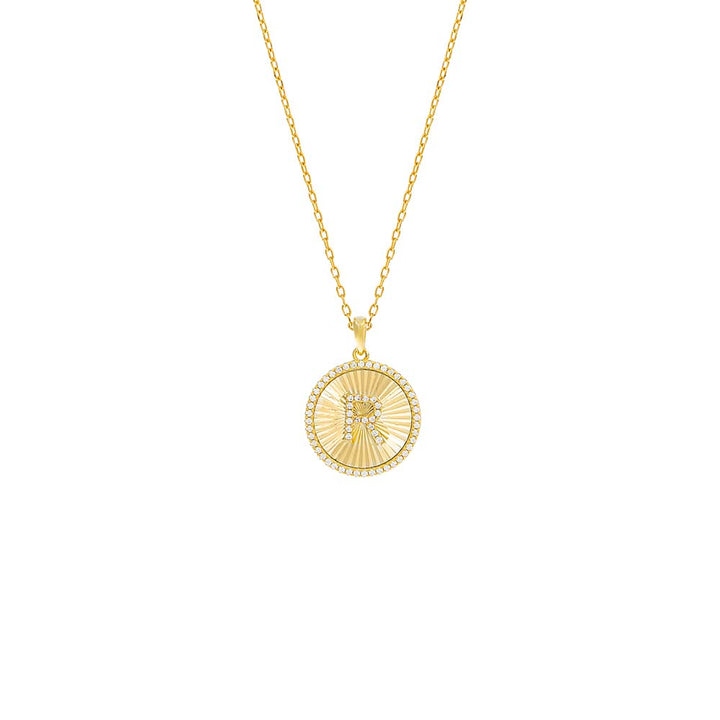 Gold / R Pavé Initial Fluted Medallion Necklace - Adina Eden's Jewels