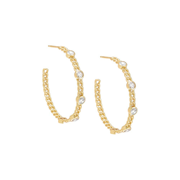 Gold / Pair CZ Bezel Cuban Chain Hoop Earring - Adina Eden's Jewels