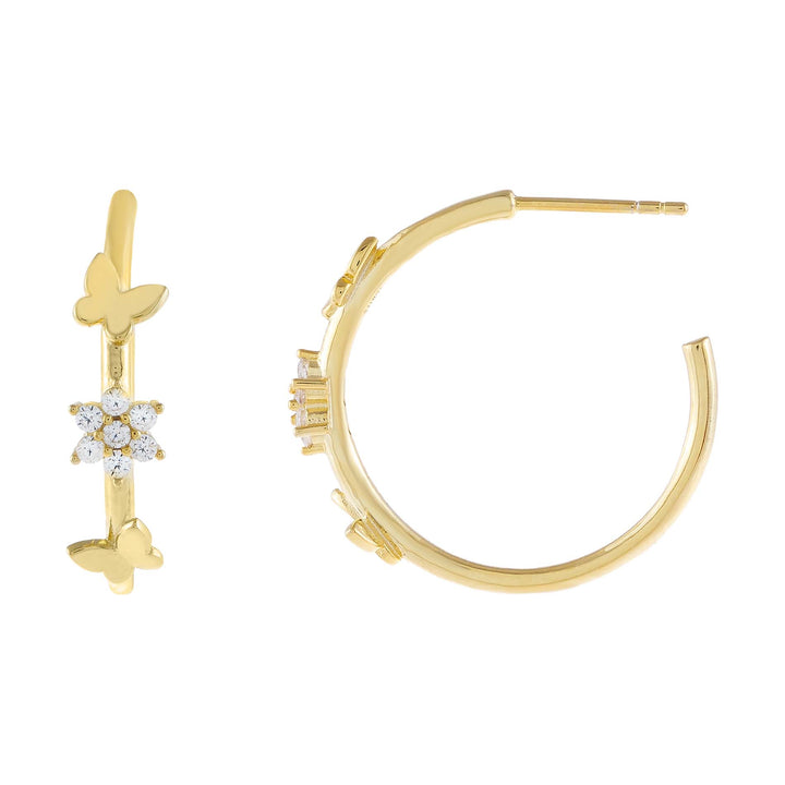 Gold CZ Flower X Butterfly Hoop Earring - Adina Eden's Jewels