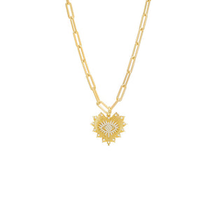 Gold / 16IN Pave Evil Eye Heart Medallion Paperclip Necklace - Adina Eden's Jewels