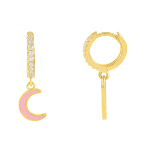 Sapphire Pink CZ Enamel Moon Huggie Earring - Adina Eden's Jewels