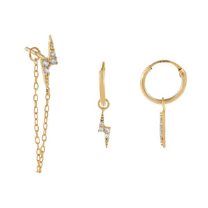 14K Gold CZ Lightning Bolt Earring Combo Set 14K - Adina Eden's Jewels