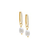 Pearl White / Pair Pavé Oval Shape Dangling Pearl Huggie Earring - Adina Eden's Jewels