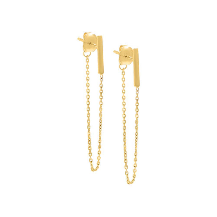 14K Gold / Pair Mini Solid Bar Chain Drop Stud Earring 14K - Adina Eden's Jewels