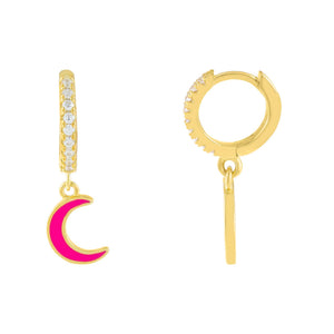 Neon Pink CZ Enamel Moon Huggie Earring - Adina Eden's Jewels