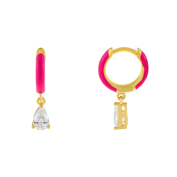 Neon Pink Enamel Teardrop Huggie Earring - Adina Eden's Jewels