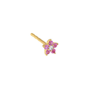 Magenta / Single Diamond X Colored Gemstone Flower Stud Earring 14K - Adina Eden's Jewels