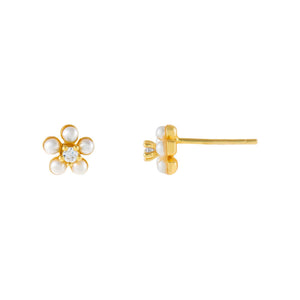 Pearl White CZ Mini Flower Pearl Stud Earring - Adina Eden's Jewels