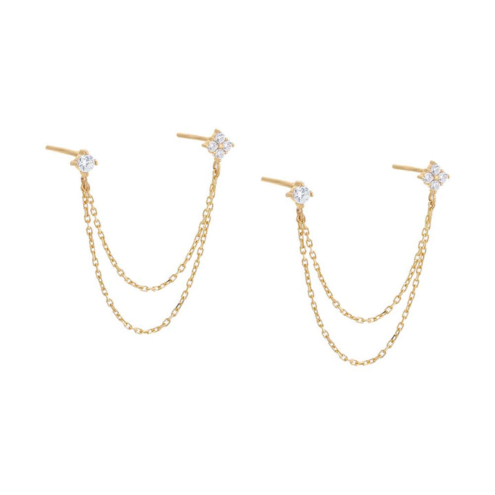 14K Gold / Pair Double Flower Chain Stud Earring 14K - Adina Eden's Jewels