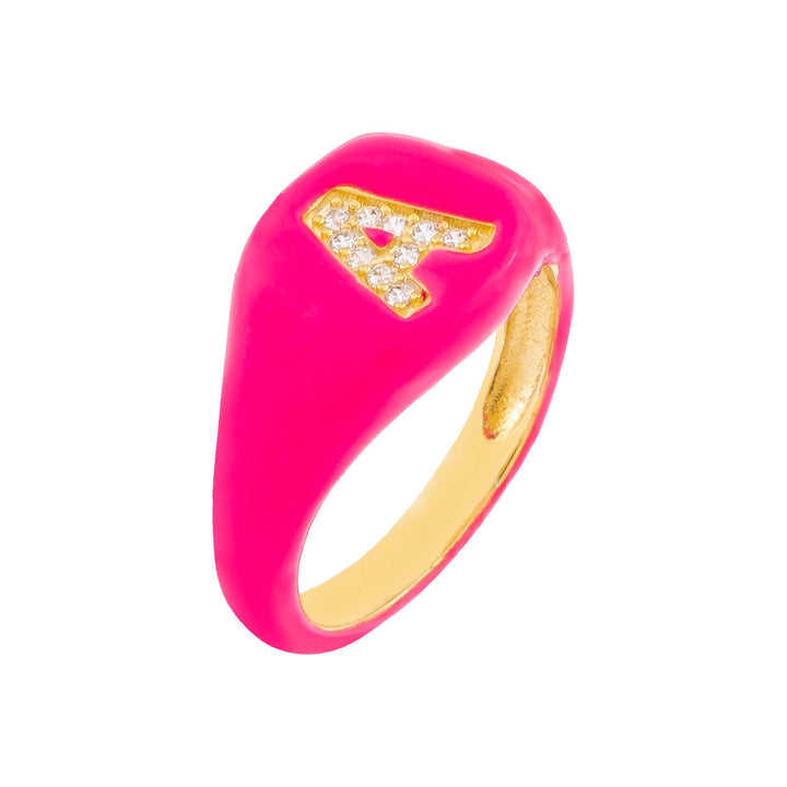 Neon Pink Pavé Enamel Initial Pinky Ring - Adina Eden's Jewels