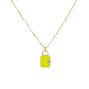 Neon Yellow CZ Enamel Lock Charm Necklace - Adina Eden's Jewels
