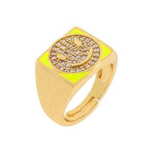 Neon Yellow Pavé Smiley Face Enamel Chunky Ring - Adina Eden's Jewels