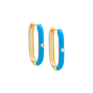 Turquoise / 18MM / Pair CZ Bezel Colored Enamel Oval Huggie Earring - Adina Eden's Jewels