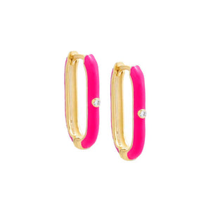 Neon Pink / 18MM / Pair CZ Bezel Colored Enamel Oval Huggie Earring - Adina Eden's Jewels