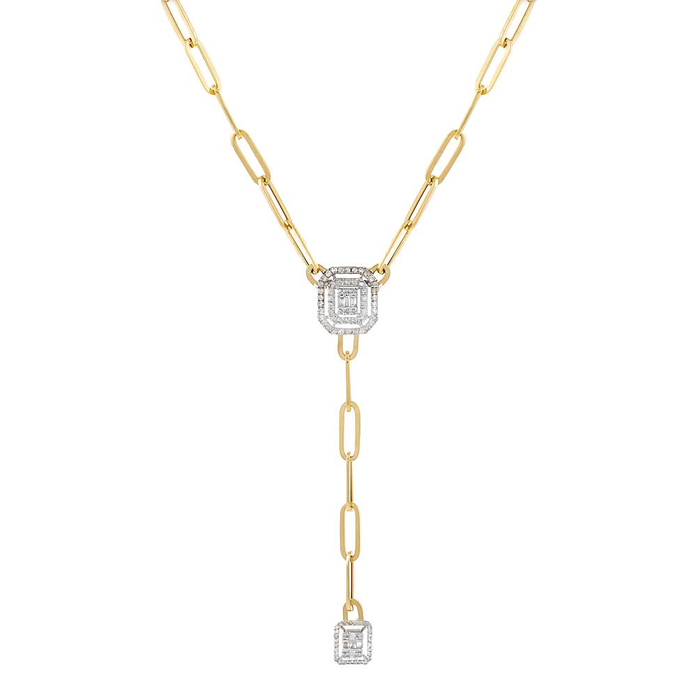 14K Gold Radiant Diamond Paperclip Lariat Necklace 14K - Adina Eden's Jewels