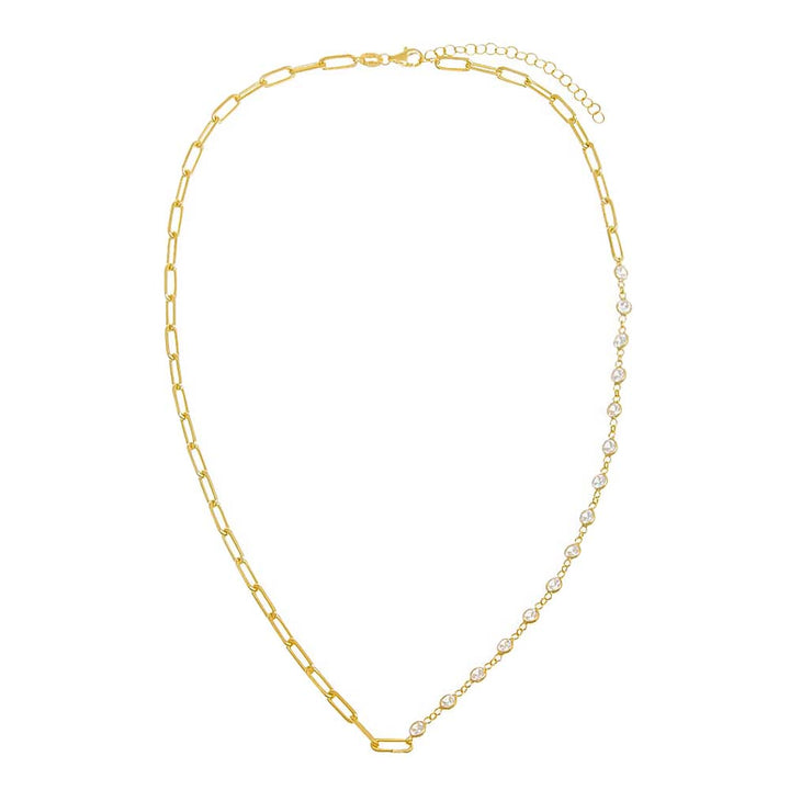Gold CZ Bezel X Paperclip Toggle Chain Necklace - Adina Eden's Jewels