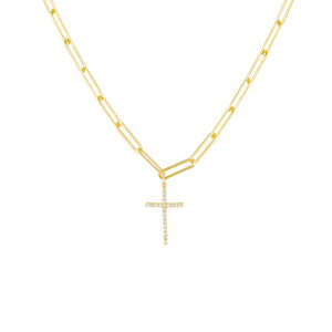 Gold Pavé Cross Paperclip Necklace - Adina Eden's Jewels