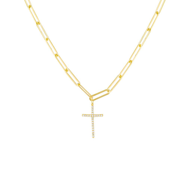 Gold Pavé Cross Paperclip Necklace - Adina Eden's Jewels