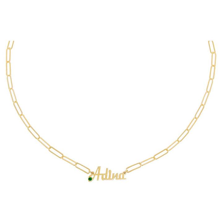 Emerald Green Colored CZ Script Name Paperclip Necklace - Adina Eden's Jewels