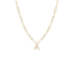 Gold Pavé Block Initial Paperclip Necklace - Adina Eden's Jewels