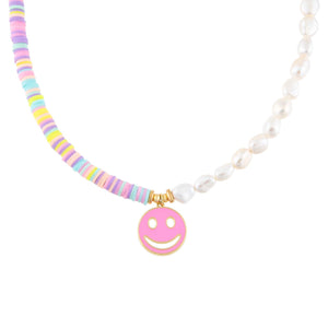 Multi-Color Pastel Bead X Pearl Smiley Face Necklace - Adina Eden's Jewels