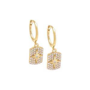 Gold / Pair Dangling Pavé Starburst Dog Tag Huggie Earring - Adina Eden's Jewels