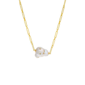 Pearl White / 16" CZ Bezel X Paperclip Pearl Chain Necklace - Adina Eden's Jewels