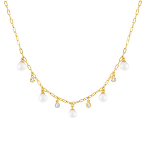 Pearl White CZ Bezel X Pearl Link Necklace - Adina Eden's Jewels