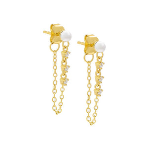 Gold / Pair Pearl X CZ Front Back Chain Stud Earring - Adina Eden's Jewels