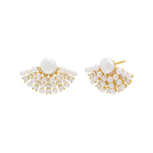 Pearl White / Pair Pearl x CZ Fan Stud Earring - Adina Eden's Jewels