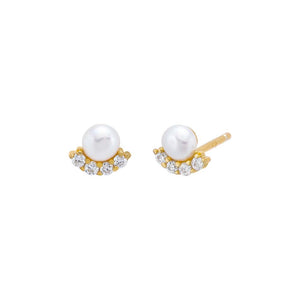 Pearl White / Pair Mini Curved CZ X Pearl Stud Earring - Adina Eden's Jewels