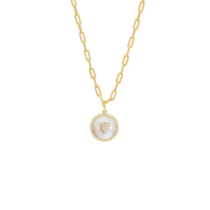 Mother of Pearl / 18IN Pave Mother Of Pearl Heart Coin Chain Necklace - Adina Eden's Jewels