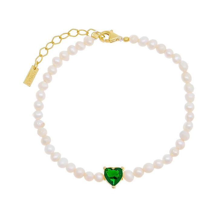 Emerald Green Colored CZ Heart Pearl Bracelet - Adina Eden's Jewels