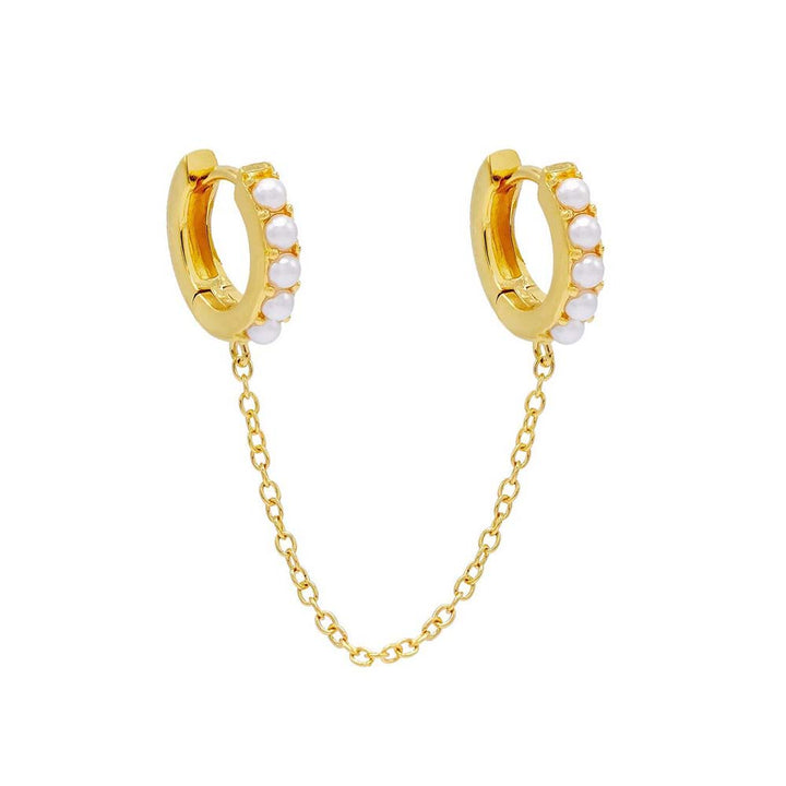 Gold / Single Double Pearl Chain Huggie Earring - Adina Eden's Jewels