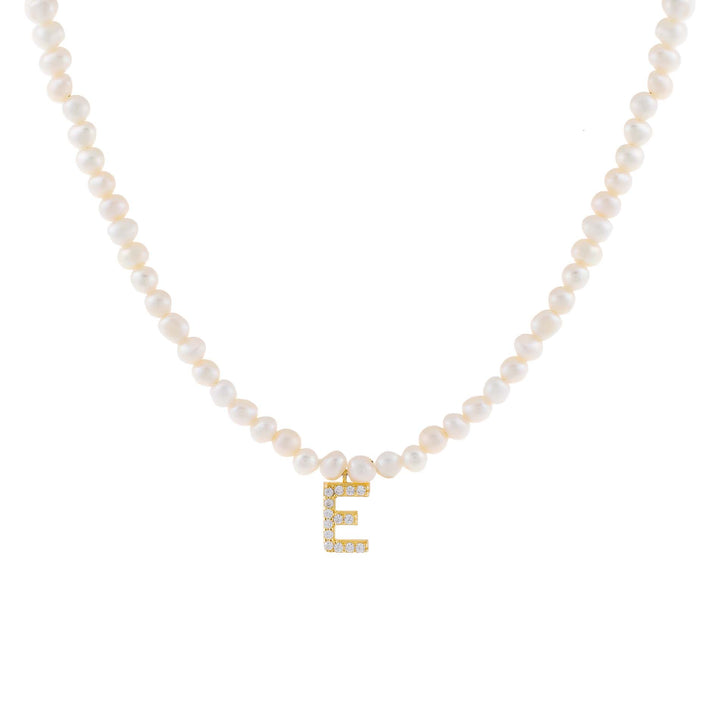 Pearl White / E CZ Initial Pearl Necklace - Adina Eden's Jewels