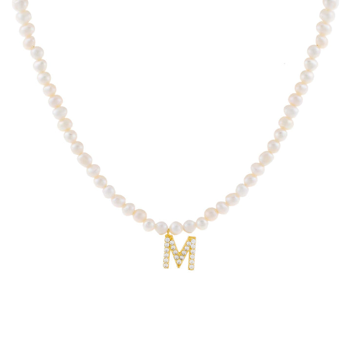 Pearl White / M CZ Initial Pearl Necklace - Adina Eden's Jewels
