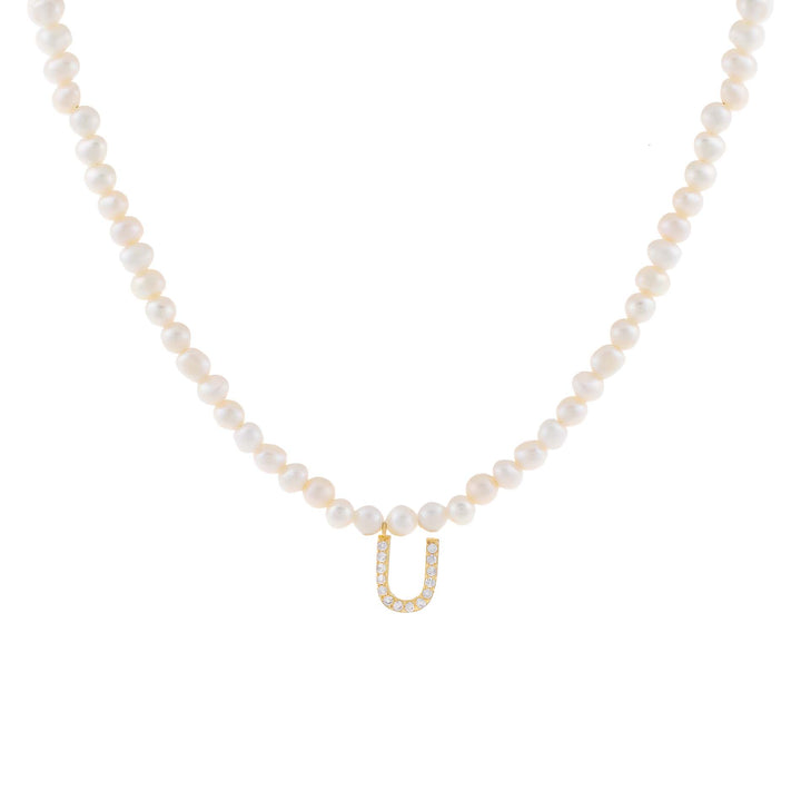 Pearl White / U CZ Initial Pearl Necklace - Adina Eden's Jewels