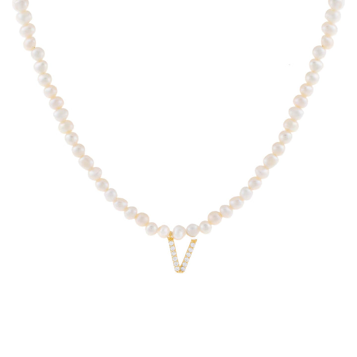 Pearl White / V CZ Initial Pearl Necklace - Adina Eden's Jewels