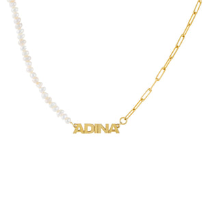 Pearl White Pearl X Link Mini Nameplate Necklace - Adina Eden's Jewels
