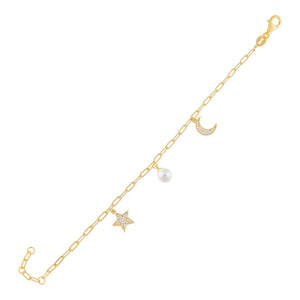Gold CZ X Pearl Charms Bracelet - Adina Eden's Jewels