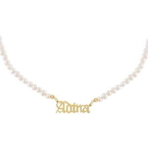Gold Gothic Pearl Nameplate Necklace - Adina Eden's Jewels