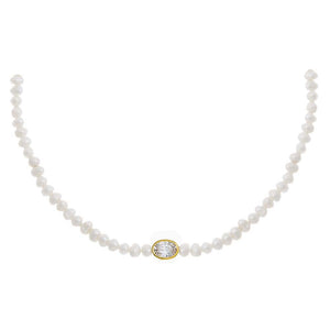 Pearl White / Oval CZ Oval Bezel Pearl Choker - Adina Eden's Jewels