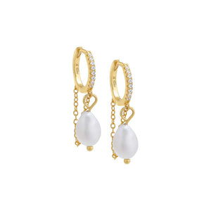 Pearl White Dangling Pearl Chain Huggie Earring - Adina Eden's Jewels